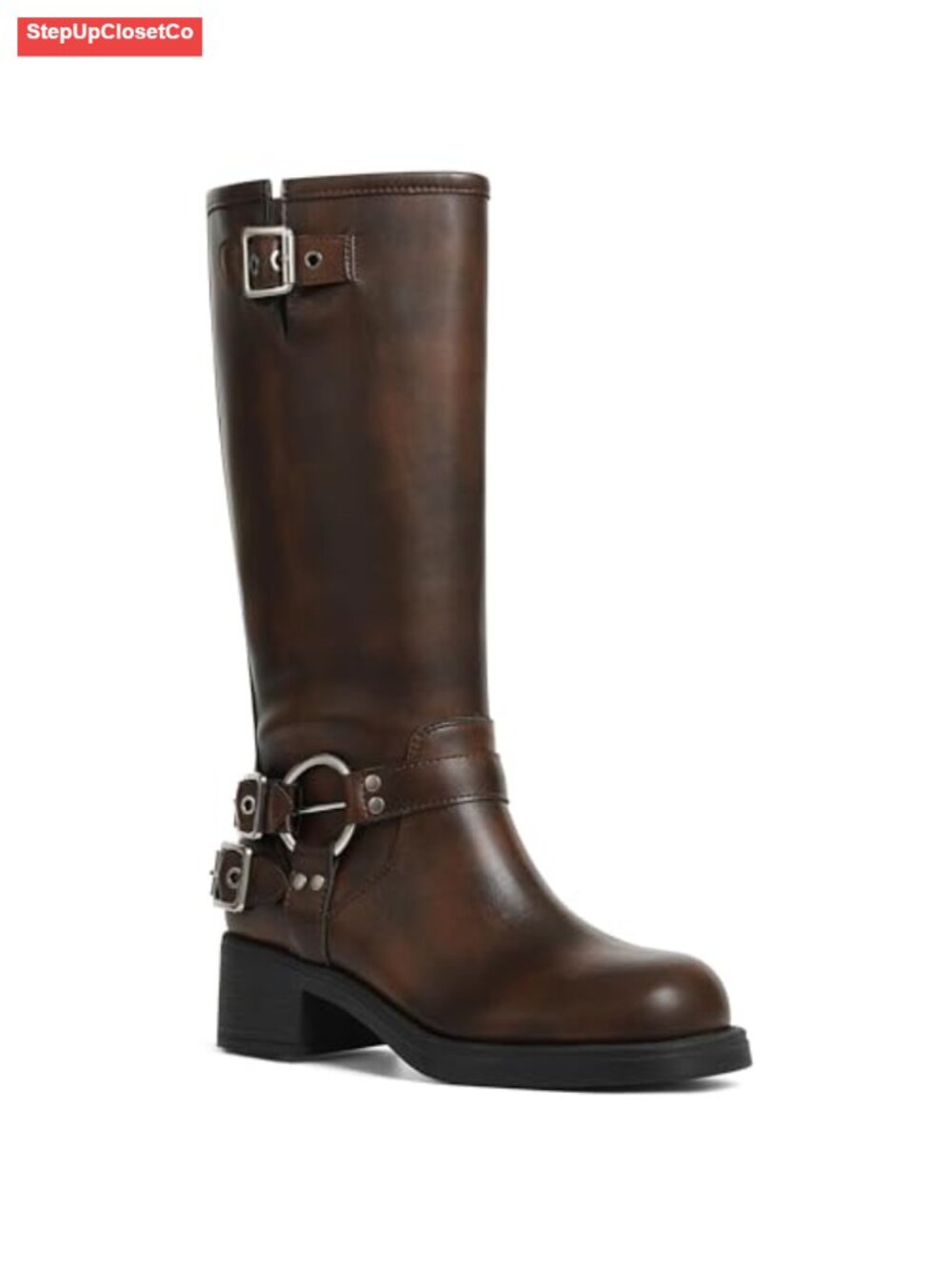 Knee High Boots Moto Biker Buckle Chunky Heel Tall